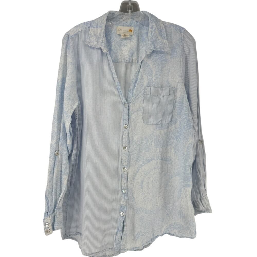 CC California Linen Shirt Size L Blue Long Sleeve Button Up Seashell Beach Top